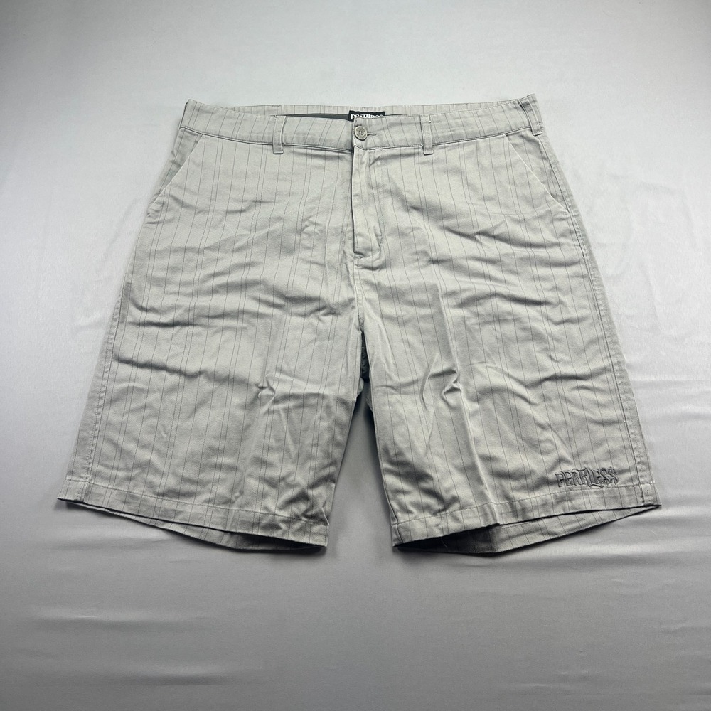 Fearless Chino Shorts Mens 40 Gray Striped Embroidered Logo Cotton High Rise